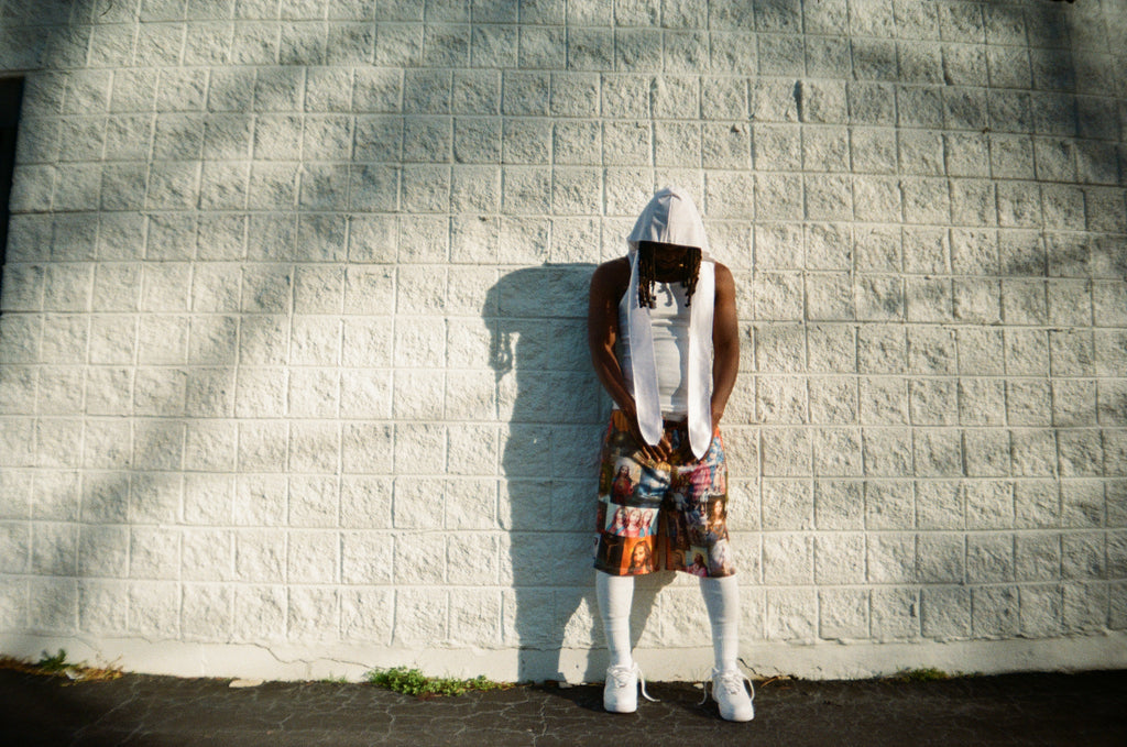 "JESUS PATCHWORK" ALL OVER PRINT WIDE LEG MESH SHORTS