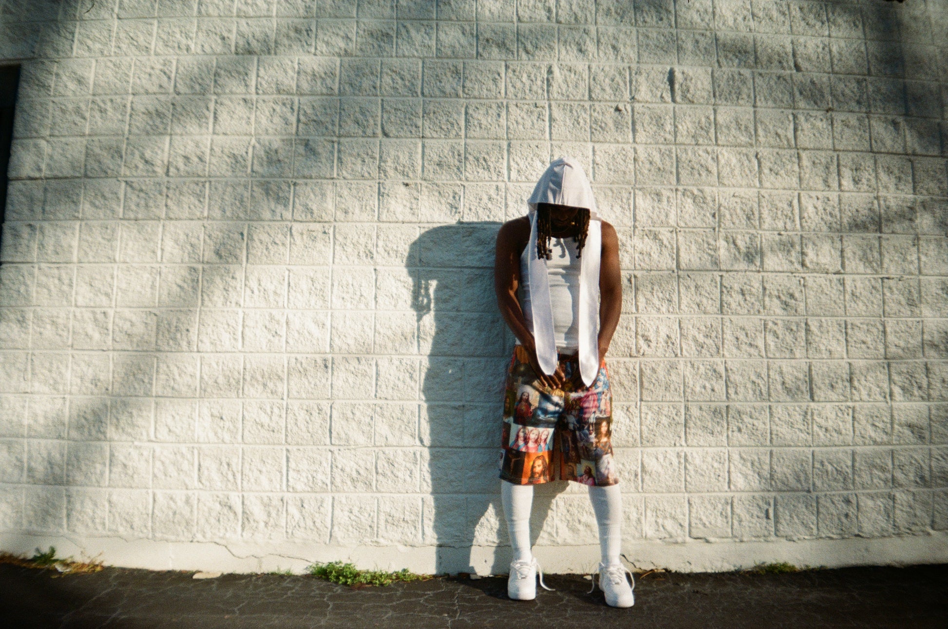 "JESUS PATCHWORK" ALL OVER PRINT WIDE LEG MESH SHORTS