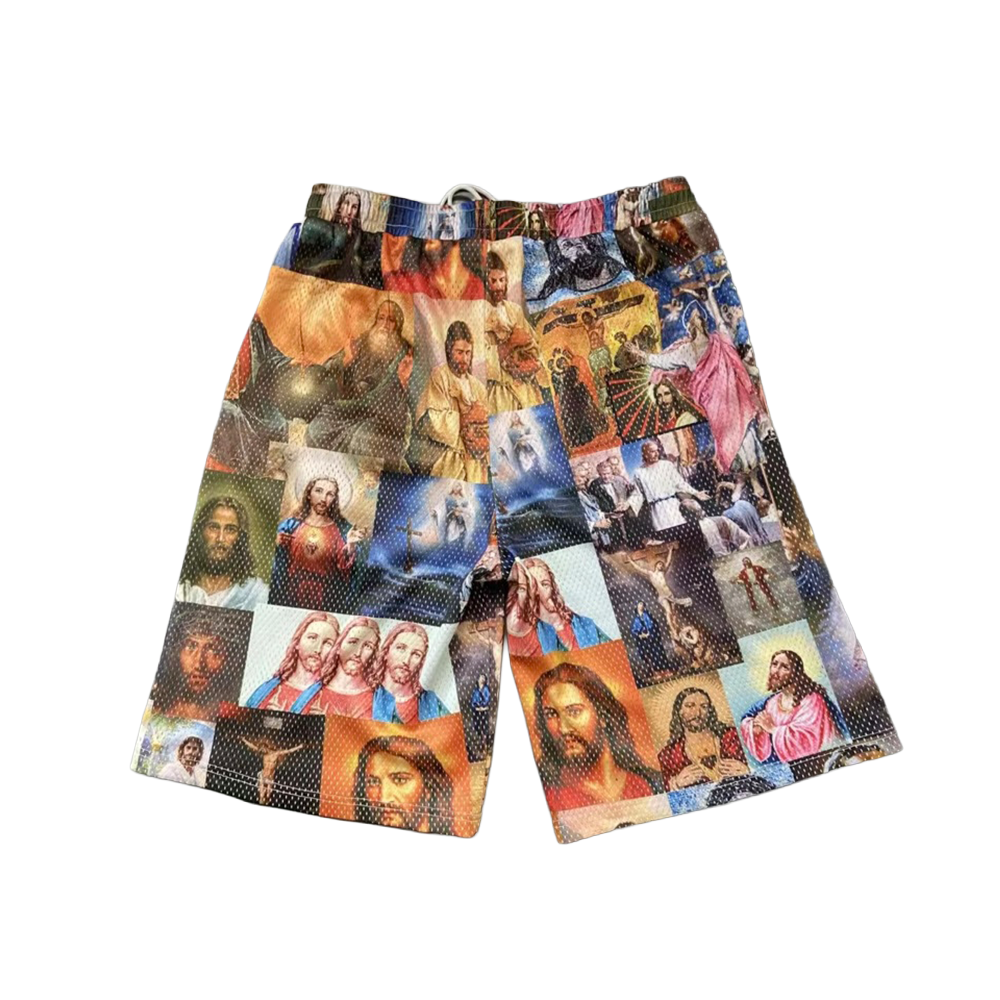 "JESUS PATCHWORK" ALL OVER PRINT WIDE LEG MESH SHORTS
