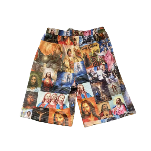 "JESUS PATCHWORK" ALL OVER PRINT WIDE LEG MESH SHORTS