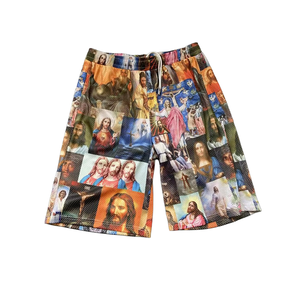 "JESUS PATCHWORK" ALL OVER PRINT WIDE LEG MESH SHORTS