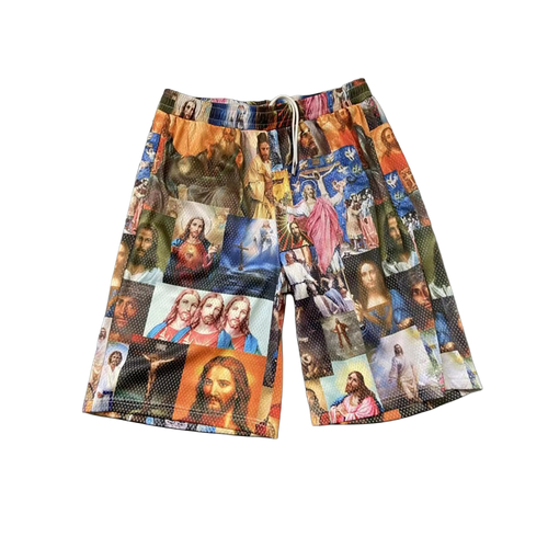"JESUS PATCHWORK" ALL OVER PRINT WIDE LEG MESH SHORTS